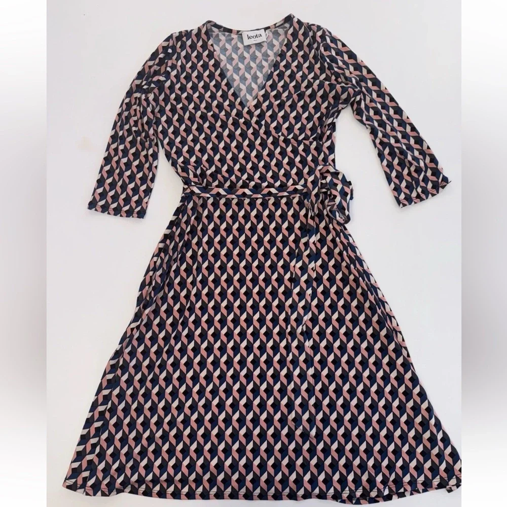 Leota Original Wrap Dress Geometric Handmade In USA navy blush Geometric Sm - Picture 3 of 10